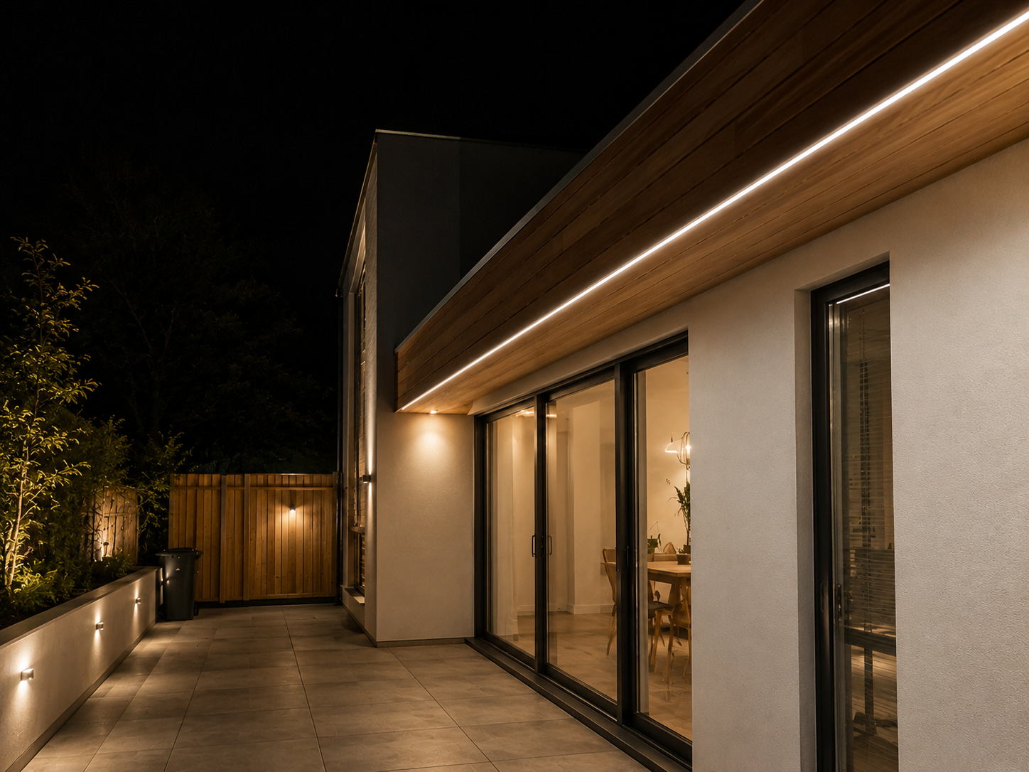LED soffit lighting installed under timber soffit boards at night